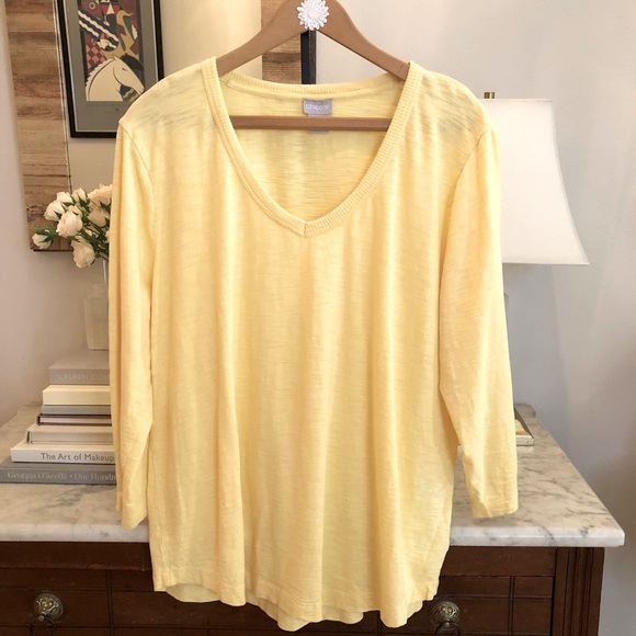 Chico’s 100% Cotton 3/4 Sleeve V-Neck Sleeve Buttons Light Yellow Size 3 - Picture 8 of 8